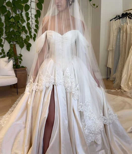 Vintage Off The Shoulder Wedding Ball Gown Ivory Slit Bridal Dress,LTP4162