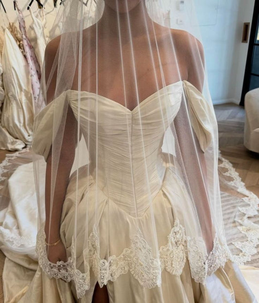 Vintage Off The Shoulder Wedding Ball Gown Ivory Slit Bridal Dress,LTP4162