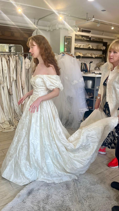 Vintage Off The Shoulder Wedding Gown Floral Print Bridal Dress,LTP4056