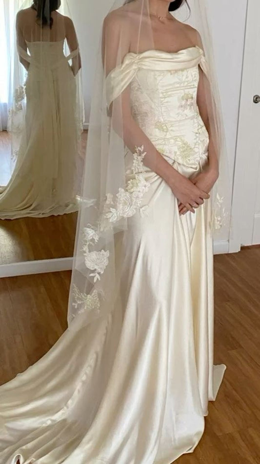 Vintage Off White Mermaid Wedding Gown Off The Shoulder Bridal Dress,LTP4268