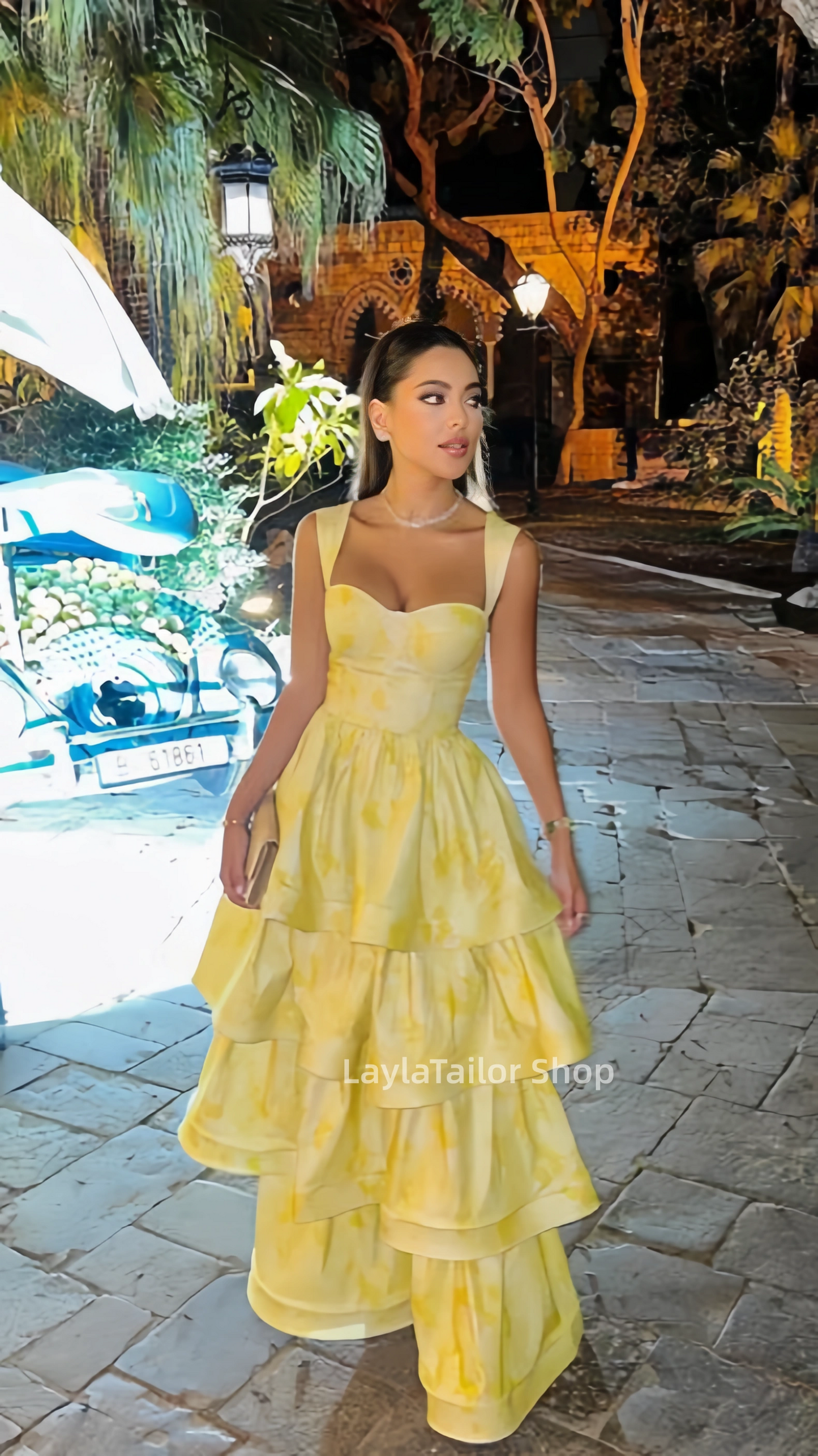 Vintage Pastel Yellow Floral Ruffle Tiered A-Line Long Party Dress Prom Dress,LTP4339