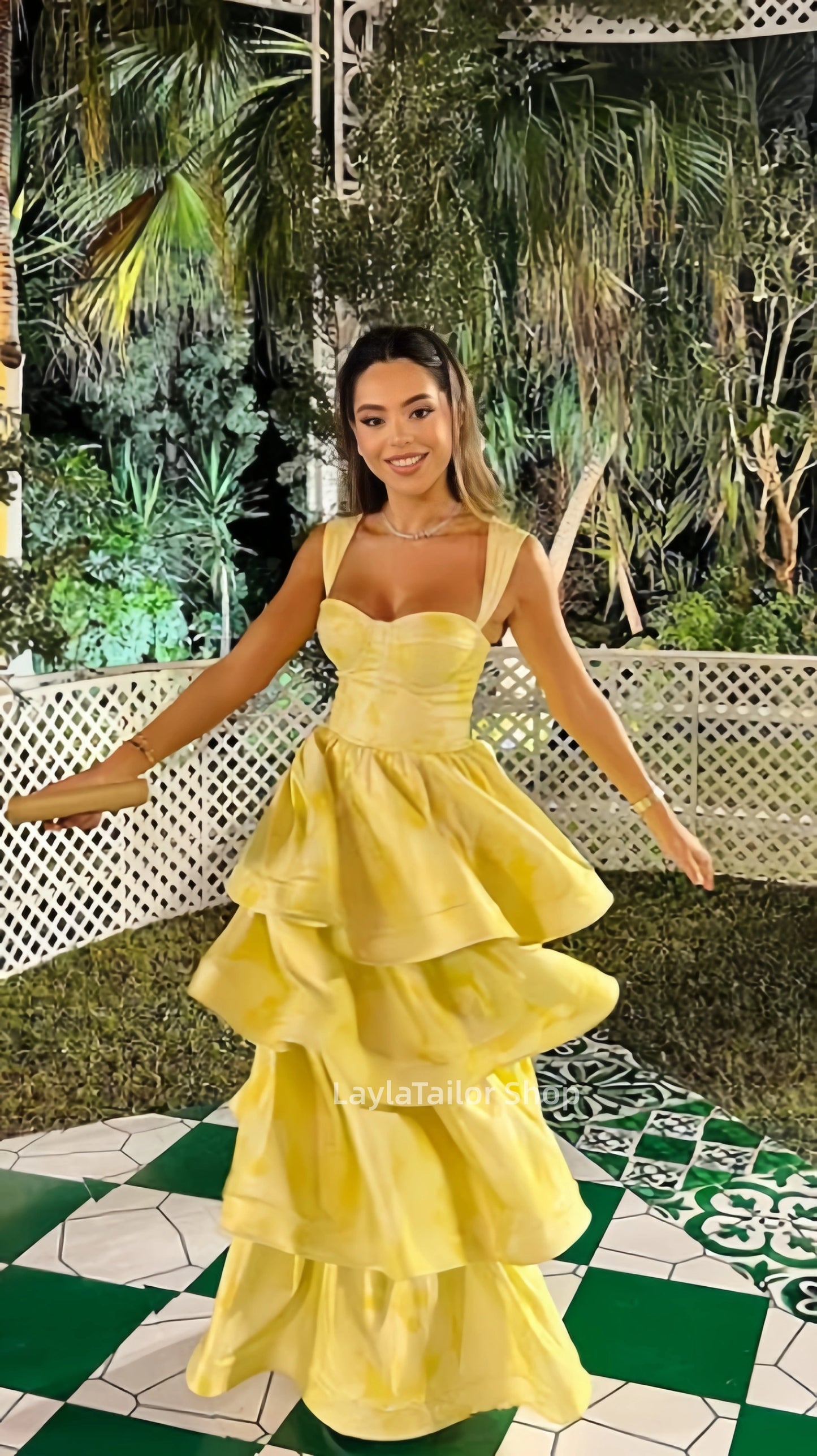 Vintage Pastel Yellow Floral Ruffle Tiered A-Line Long Party Dress Prom Dress,LTP4339