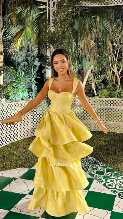 Vintage Pastel Yellow Floral Ruffle Tiered A-Line Long Party Dress Prom Dress,LTP4339
