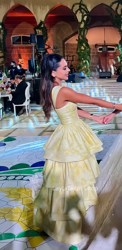 Vintage Pastel Yellow Floral Ruffle Tiered A-Line Long Party Dress Prom Dress,LTP4339