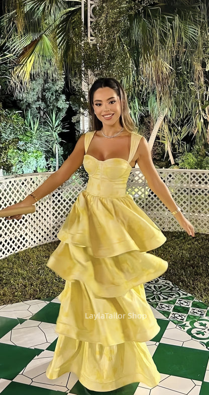 Vintage Pastel Yellow Floral Ruffle Tiered A-Line Long Party Dress Prom Dress,LTP4339