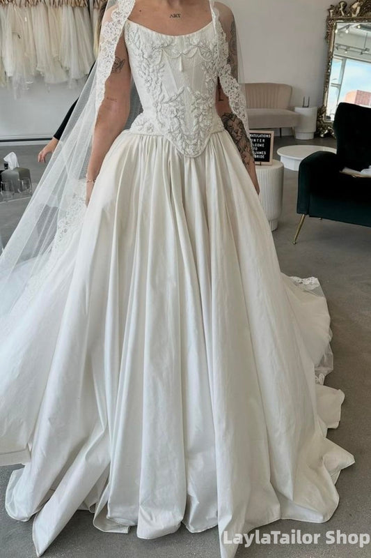Vintage Pearl Floral Corset Wedding Dresses A-Line Satin Bridal Gown