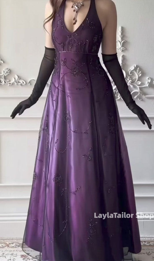 Vintage Prom Dress Purple Halter Beaded Lace Formal Dresses,LTP3664