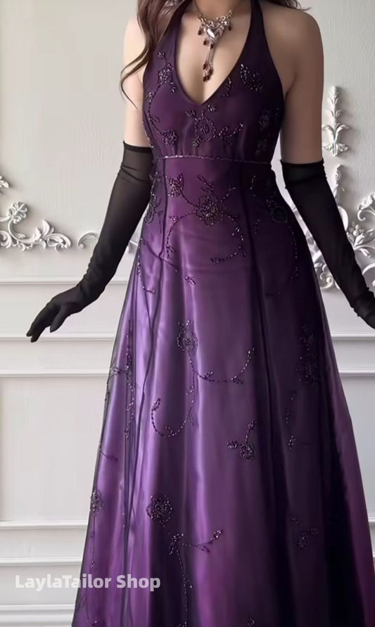 Vintage Prom Dress Purple Halter Beaded Lace Formal Dresses,LTP3664