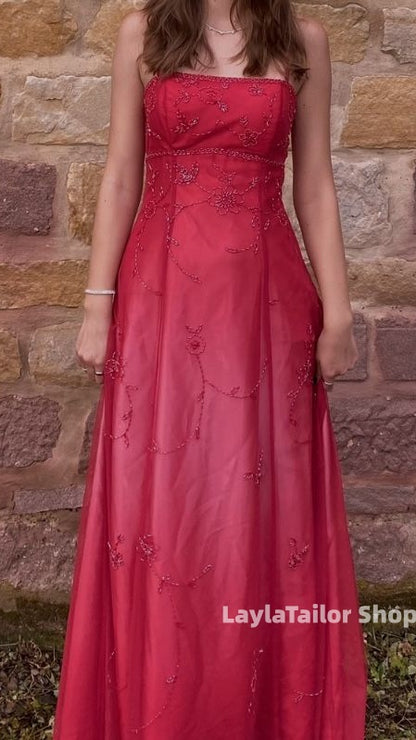 Vintage Prom Dress Spaghetti Straps Red Beaded Lace Formal Dresses,LTP3663