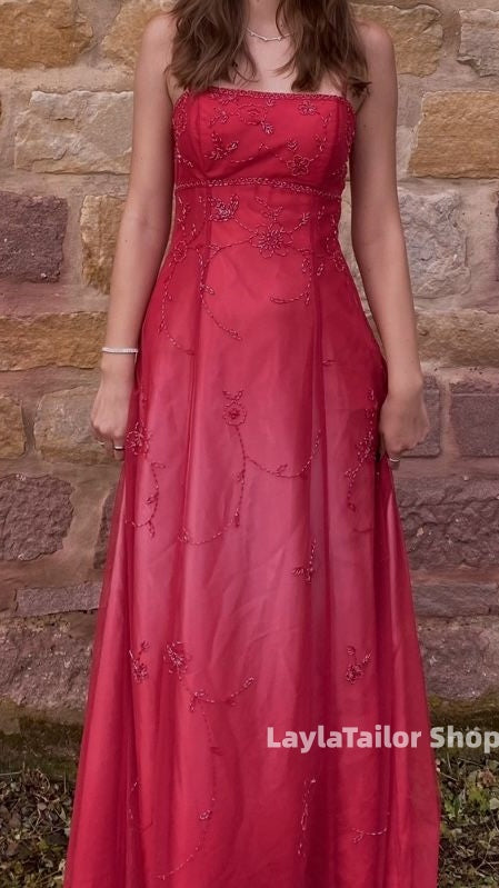 Vintage Prom Dress Spaghetti Straps Red Beaded Lace Formal Dresses,LTP3663
