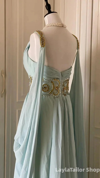 Vintage Prom Dresses Chiffon Beaded V-Neck Evening Dress Ice Blue Long Formal Dress,LTP3672