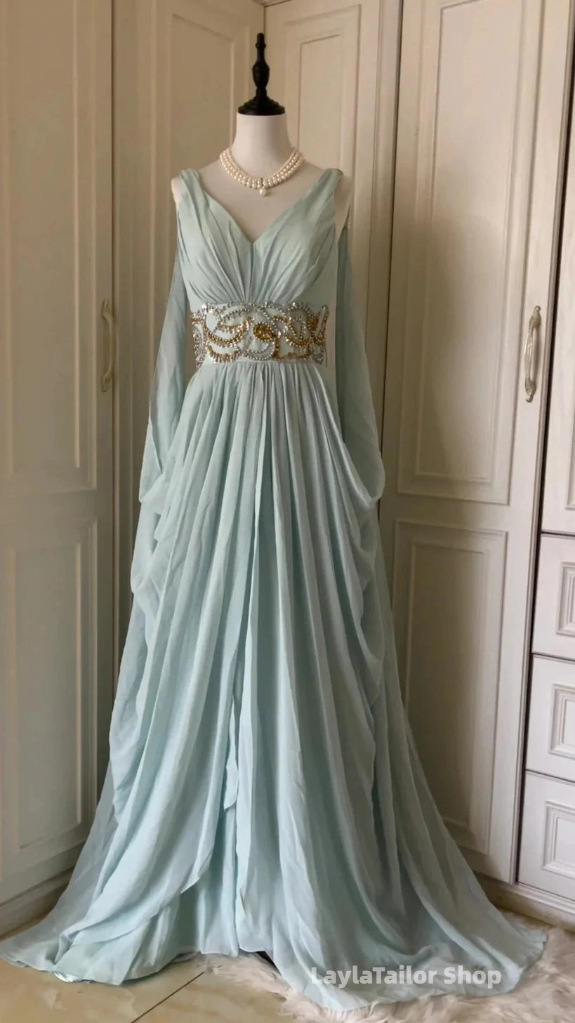 Vintage Prom Dresses Chiffon Beaded V-Neck Evening Dress Ice Blue Long Formal Dress,LTP3672