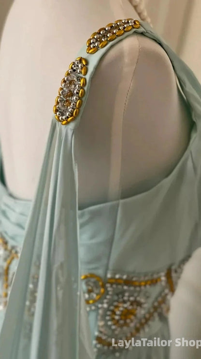 Vintage Prom Dresses Chiffon Beaded V-Neck Evening Dress Ice Blue Long Formal Dress,LTP3672