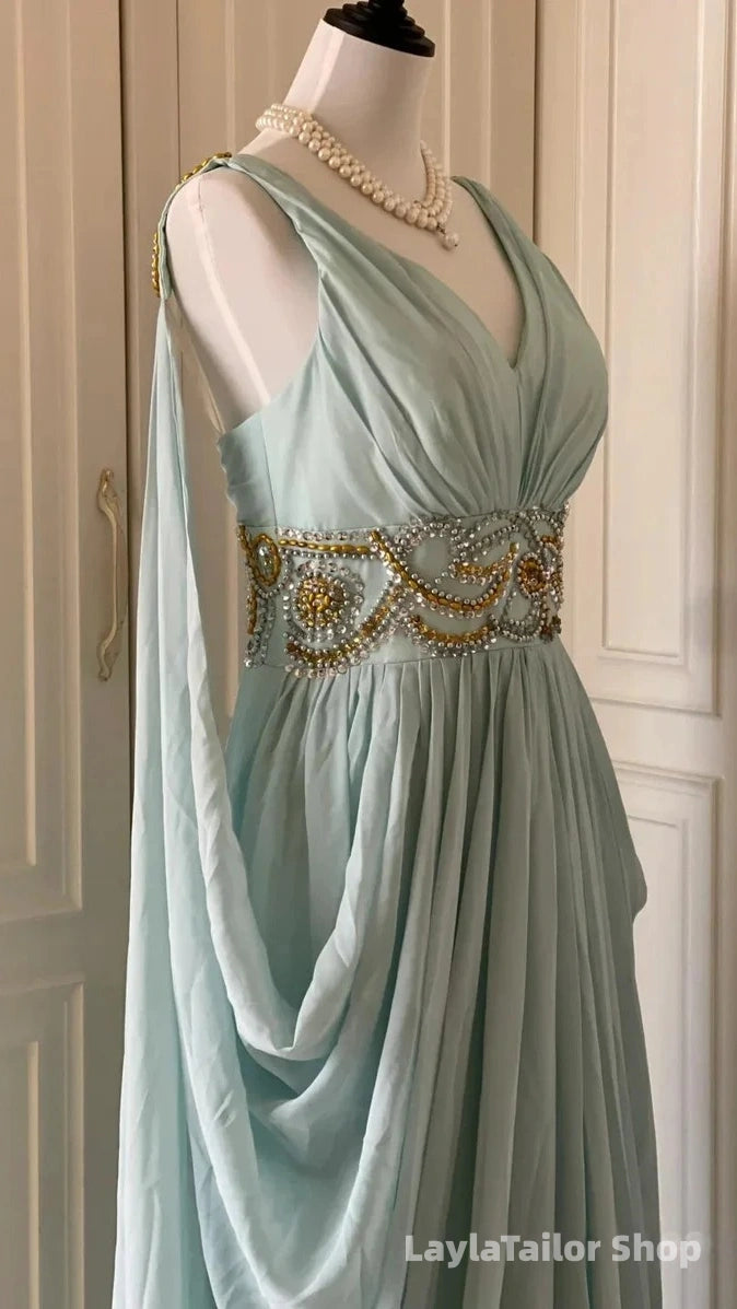 Vintage Prom Dresses Chiffon Beaded V-Neck Evening Dress Ice Blue Long Formal Dress,LTP3672