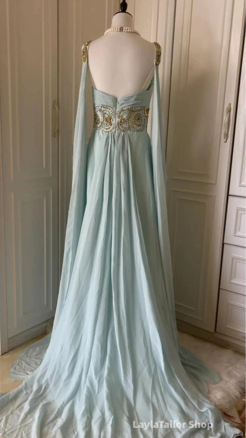 Vintage Prom Dresses Chiffon Beaded V-Neck Evening Dress Ice Blue Long Formal Dress,LTP3672
