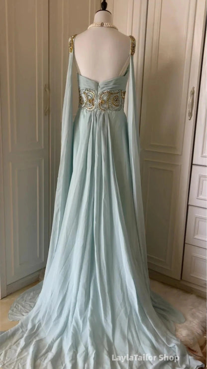 Vintage Prom Dresses Chiffon Beaded V-Neck Evening Dress Ice Blue Long Formal Dress,LTP3672