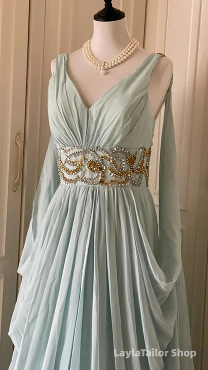 Vintage Prom Dresses Chiffon Beaded V-Neck Evening Dress Ice Blue Long Formal Dress,LTP3672