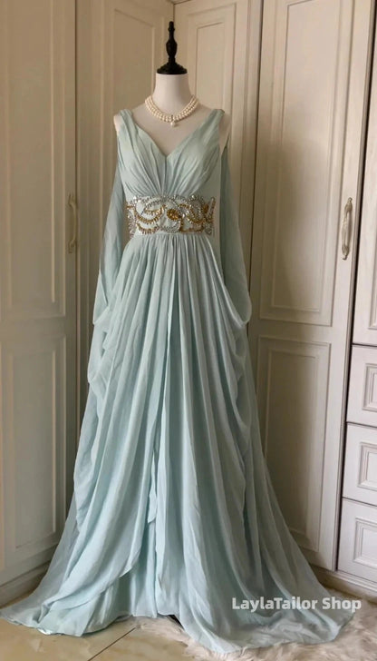 Vintage Prom Dresses Chiffon Beaded V-Neck Evening Dress Ice Blue Long Formal Dress,LTP3672