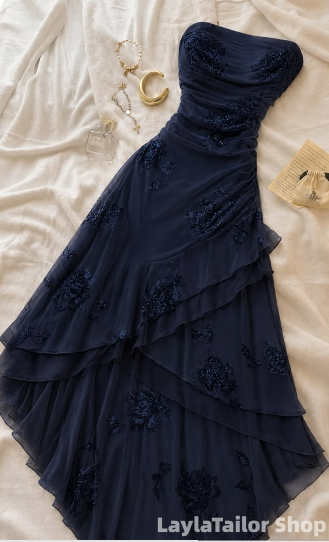 Vintage Prom Dresses Navy Blue Tiered Appliques Chiffon Prom Dress, LTP82812