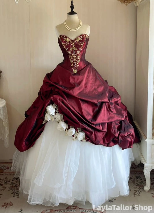 Vintage Royal Burgundy Floral Appliques Long Prom Dress, Sweet 16 Ball Gown, LTP82808