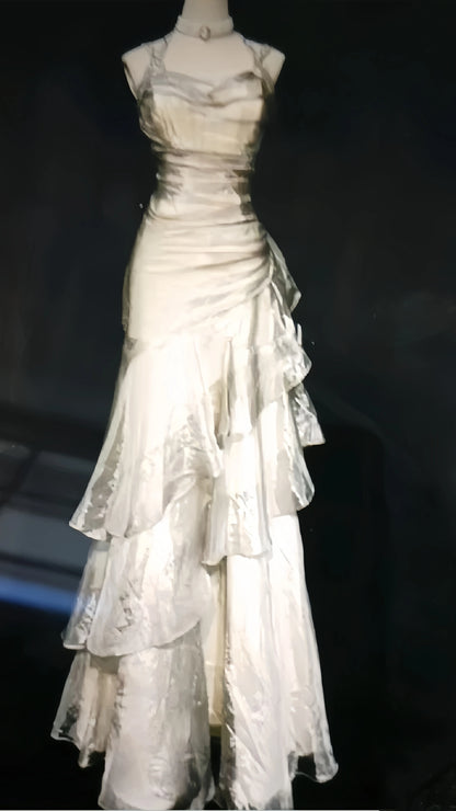 Vintage Silver White Prom Dresses Ruffles Dance Dress,LTP4127