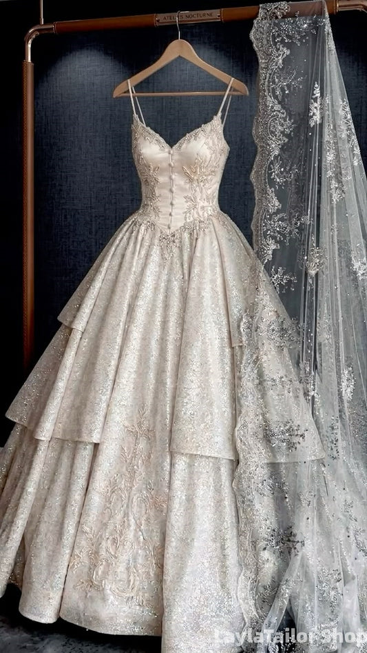 Vintage Spaghetti Straps Lace Corset Ruffles Sparkly Wedding Dresses