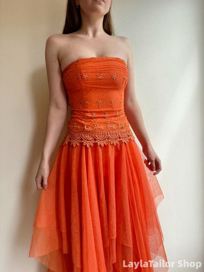 Vintage Strapless Orange Lace Tulle Irregular Party Dresses LTP82722