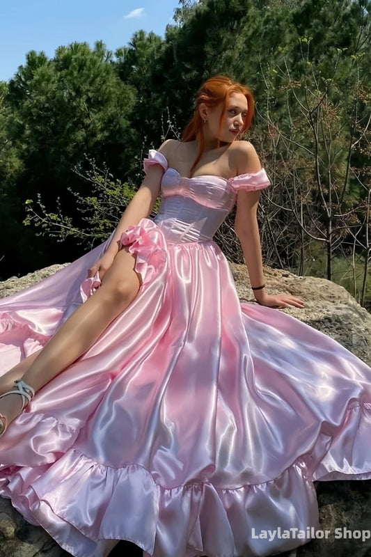 Vintage Pink Off The Shoulder Prom Dress Ruffle A-line Formal Party Dresses With Slit,LTP3697