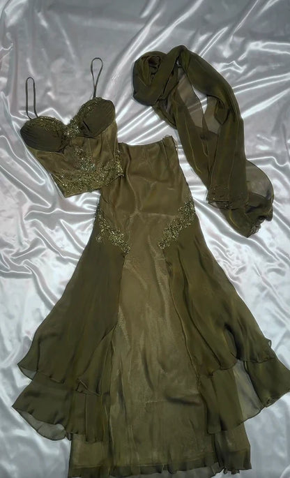Vintage Two Pieces Olive Green Chiffon Prom Dresses Lace Beaded Appliques Evening Party Dress,LTP4210