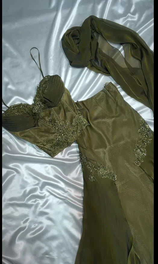 Vintage Two Pieces Olive Green Chiffon Prom Dresses Lace Beaded Appliques Evening Party Dress,LTP4210