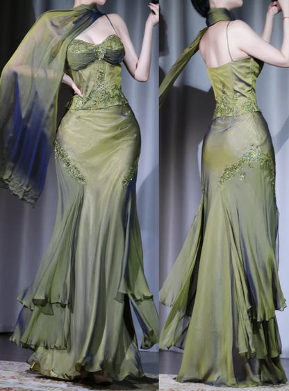 Vintage Two Pieces Olive Green Chiffon Prom Dresses Lace Beaded Appliques Evening Party Dress,LTP4210