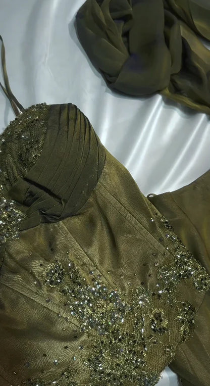 Vintage Two Pieces Olive Green Chiffon Prom Dresses Lace Beaded Appliques Evening Party Dress,LTP4210