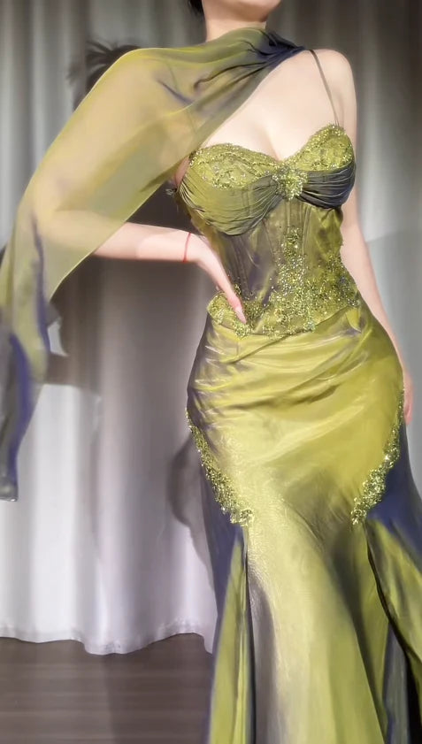 Vintage Two Pieces Olive Green Chiffon Prom Dresses Lace Beaded Appliques Evening Party Dress,LTP4210