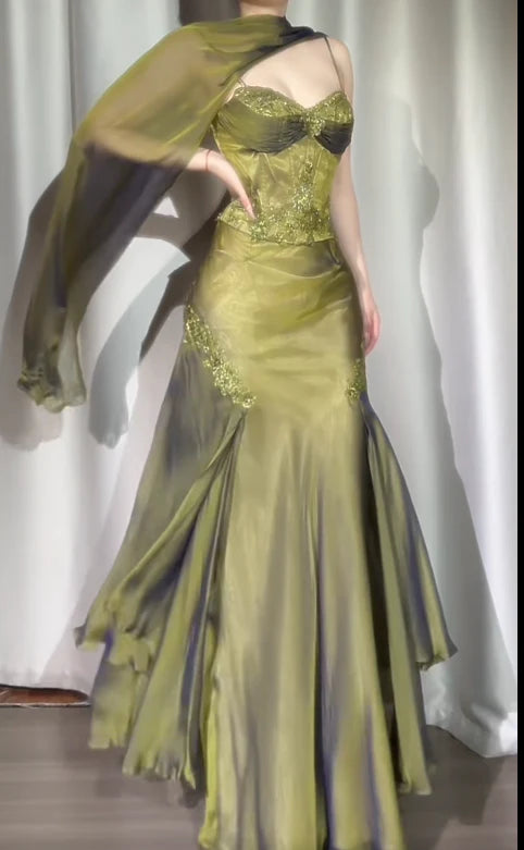Vintage Two Pieces Olive Green Chiffon Prom Dresses Lace Beaded Appliques Evening Party Dress,LTP4210
