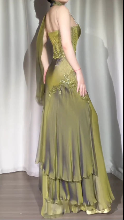 Vintage Two Pieces Olive Green Chiffon Prom Dresses Lace Beaded Appliques Evening Party Dress,LTP4210