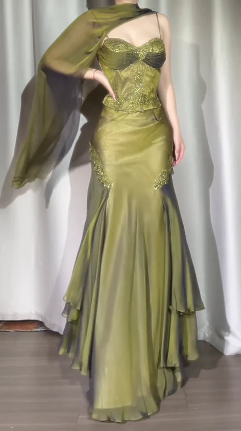 Vintage Two Pieces Olive Green Chiffon Prom Dresses Lace Beaded Appliques Evening Party Dress,LTP4210