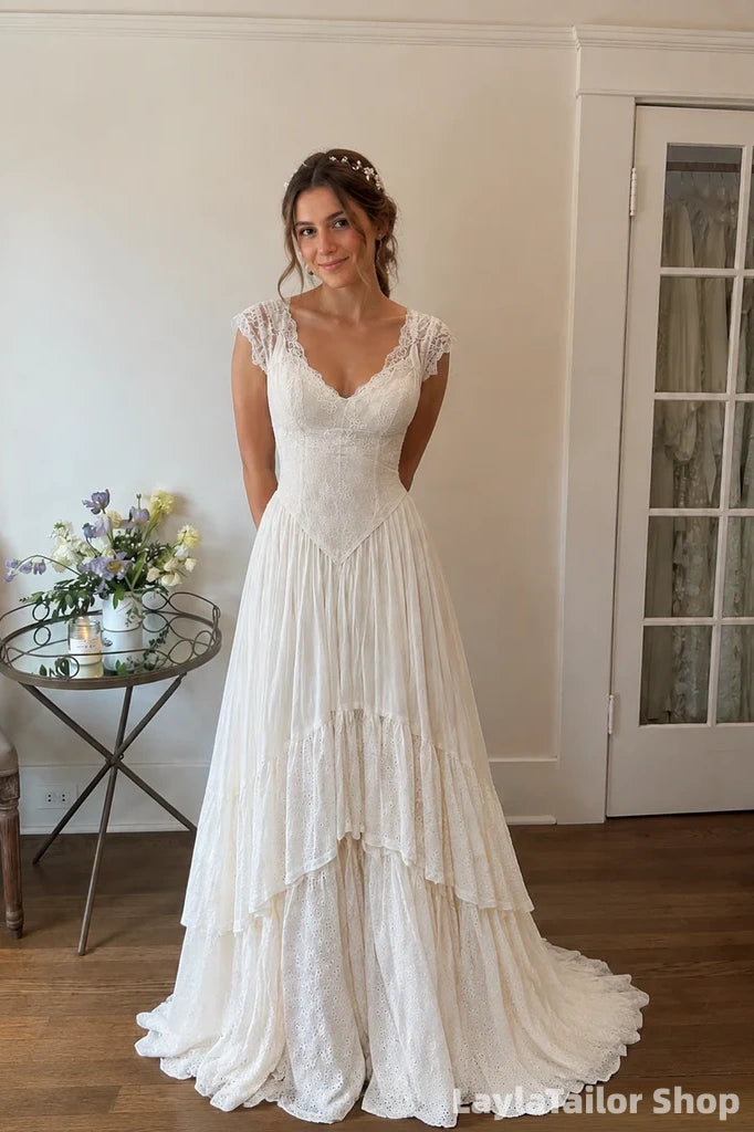 Vintage V Neck Cap Sleeve Floor Length A Line Wedding Dresses Tiered Lace Bridal Gown, LTP82776