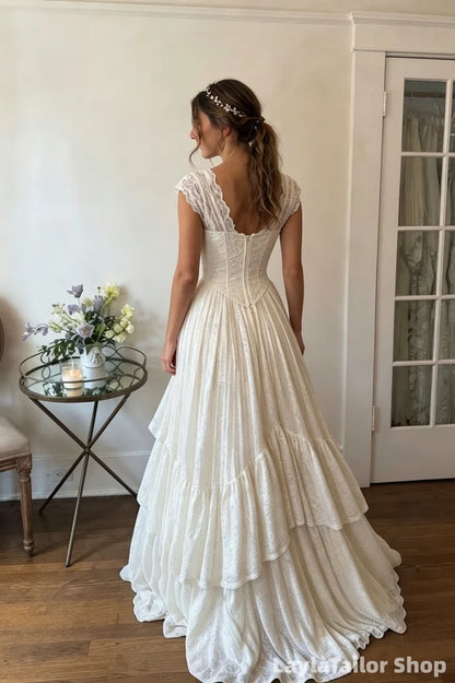 Vintage V Neck Cap Sleeve Floor Length A Line Wedding Dresses Tiered Lace Bridal Gown, LTP82776