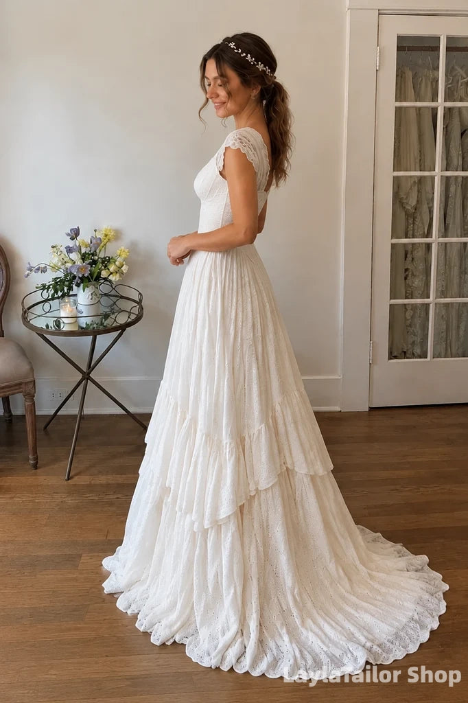 Vintage V Neck Cap Sleeve Floor Length A Line Wedding Dresses Tiered Lace Bridal Gown, LTP82776