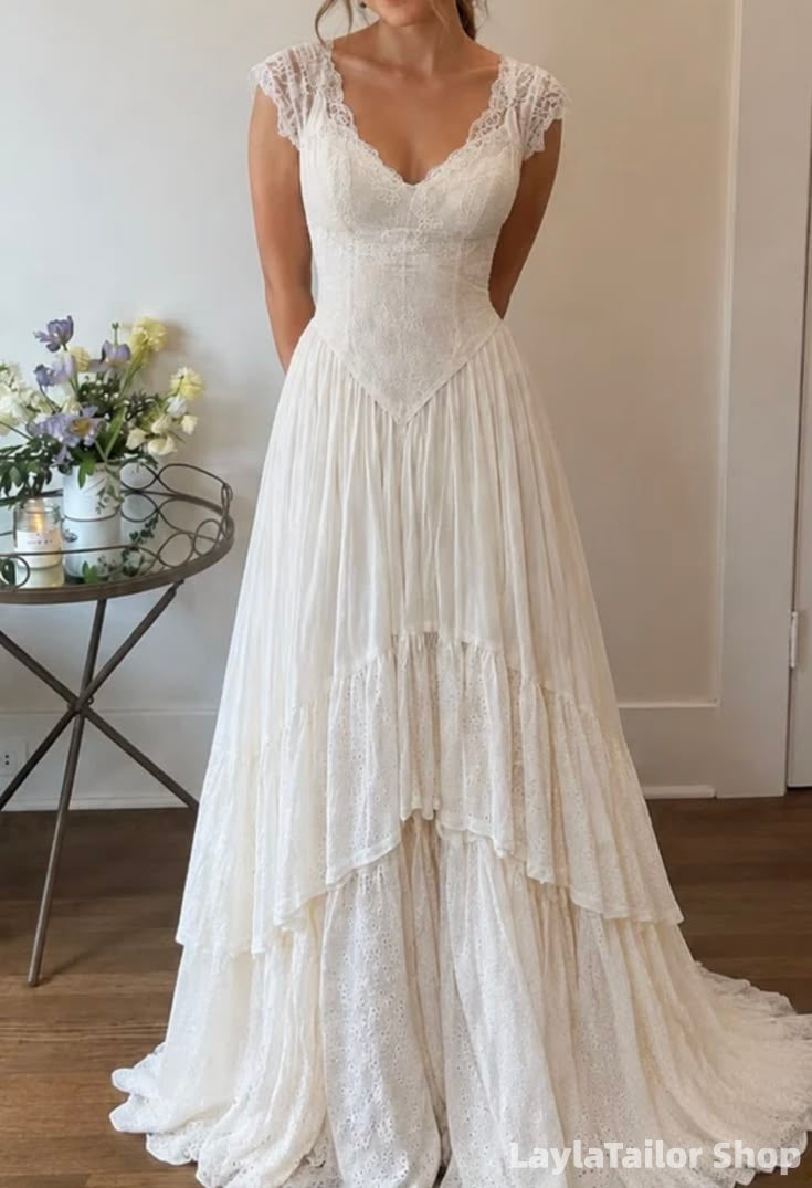 Vintage V Neck Cap Sleeve Floor Length A Line Wedding Dresses Tiered Lace Bridal Gown, LTP82776