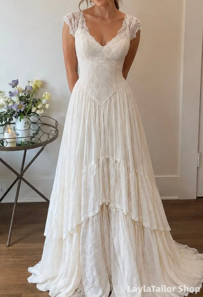 Vintage V Neck Cap Sleeve Floor Length A Line Wedding Dresses Tiered Lace Bridal Gown, LTP82776