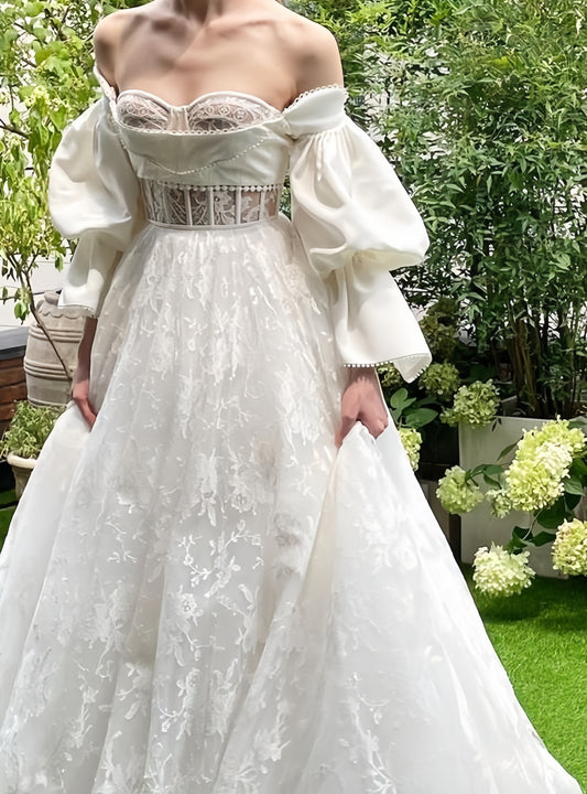 Vintage Wedding Dress Off The Shoulder Lace Wedding Gown, LTP3405