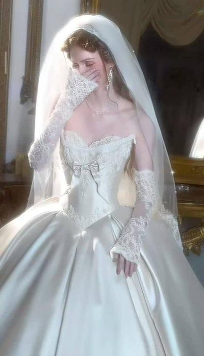 Vintage Wedding Dresses Appliques Lace Satin Bridal Gown,LTP4198