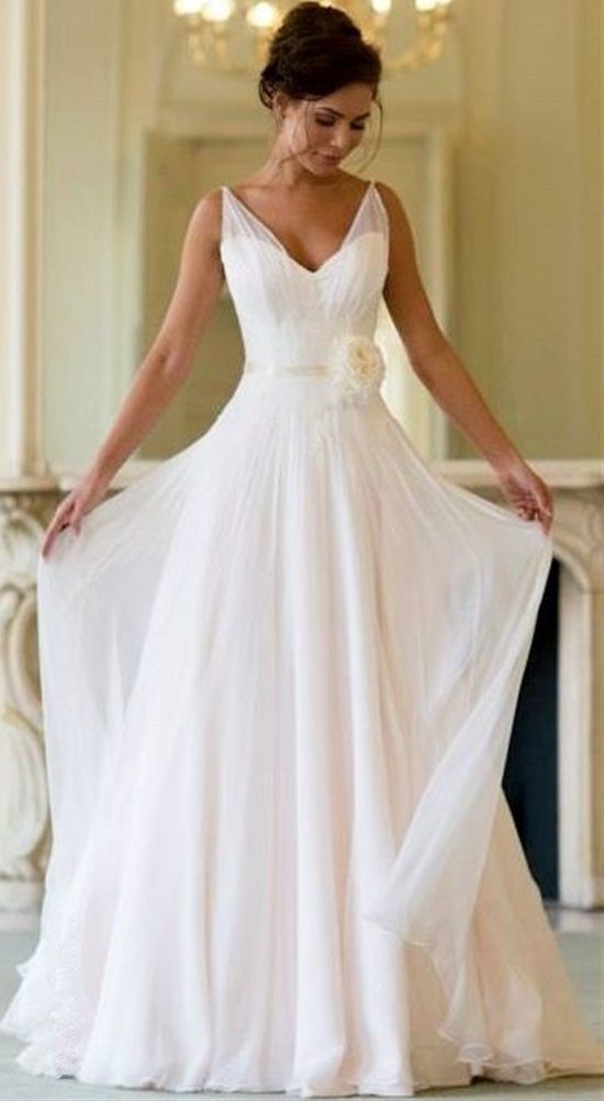 Vintage White Chiffon V-neck Wedding Dresses Sleeveless Bridal Gowns