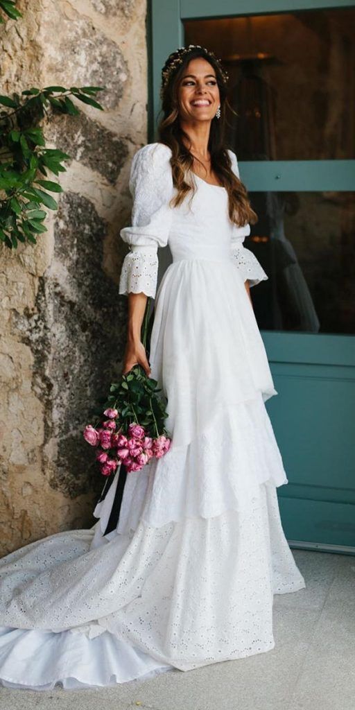 Vintage White Lace Wedding Gown, Ruffle Bridal Dresses