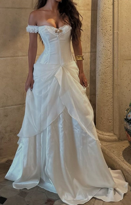 Vintage White Off The Shoulder Satin Chiffon Wedding Dresses Bridal Gown,LTP3956