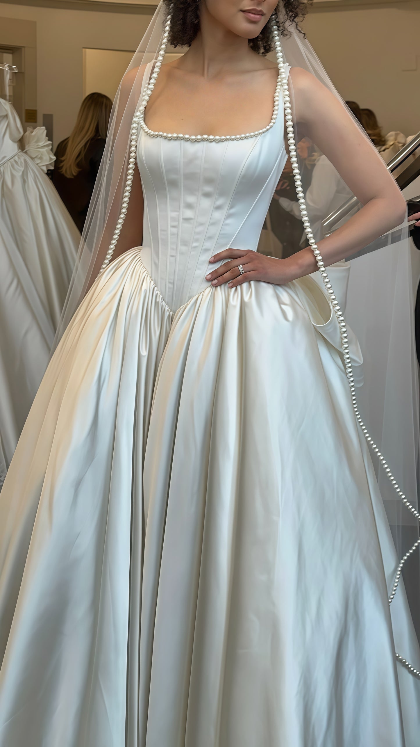 Vintage White Pearl Beaded Wedding Dresses, High Quality Satin Bridal Gown, LTP3750