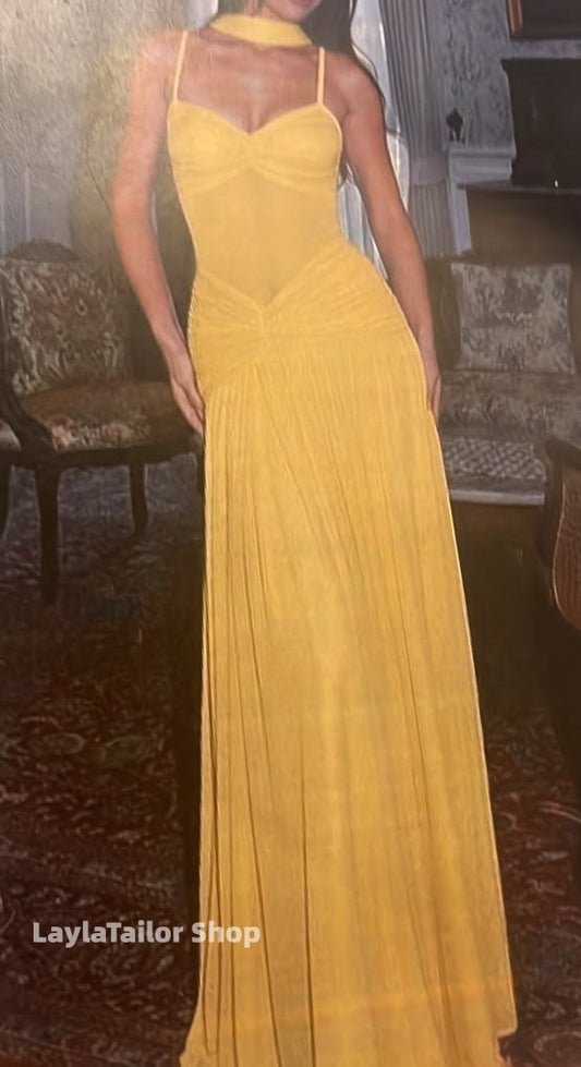 Vintage Yellow Pleated Chiffon Prom Dress With Neck Belt,LTP4571