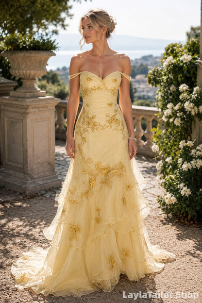 Vintage Cream Yellow Off The Shoulder Evening Dress Embroidery Mermaid Ruffle Prom Dresses,LTP82783