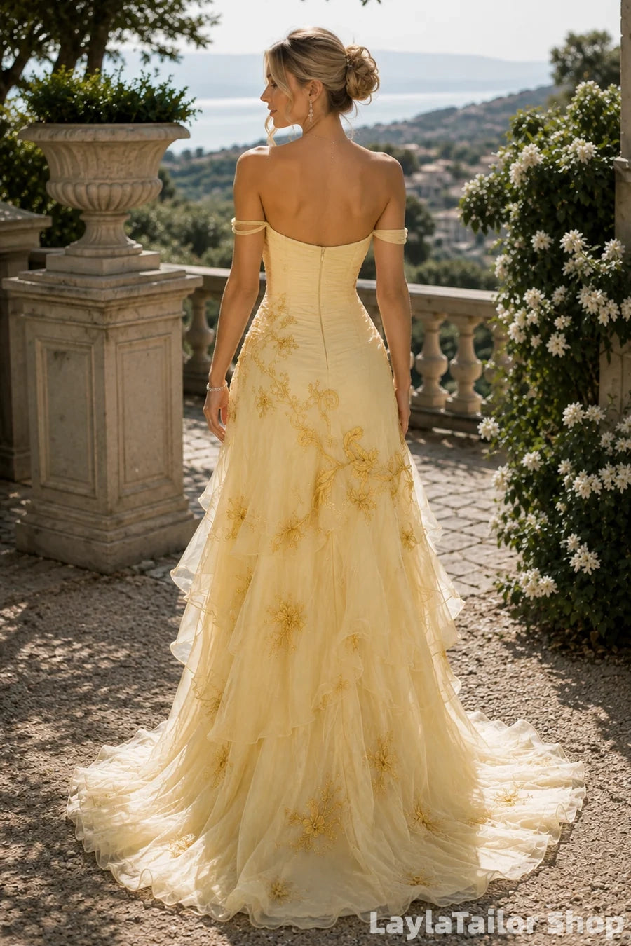Vintage Cream Yellow Off The Shoulder Evening Dress Embroidery Mermaid Ruffle Prom Dresses,LTP82783